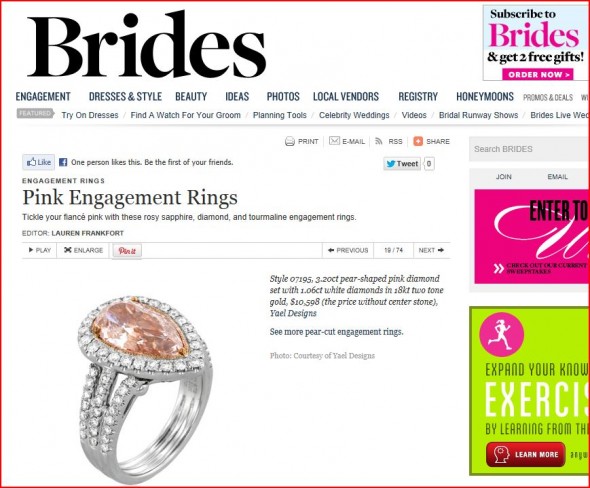 Brides.com publishes pink engagement rings by Yael Designs, February 2013