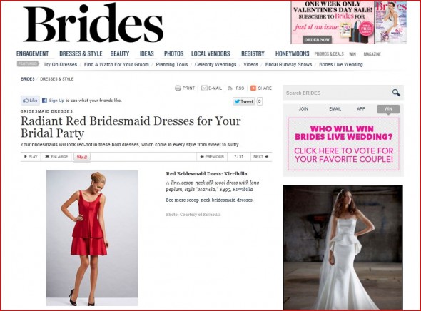Brides.com publishes red dresses by Kirribilla and Weddington Way, February 2013